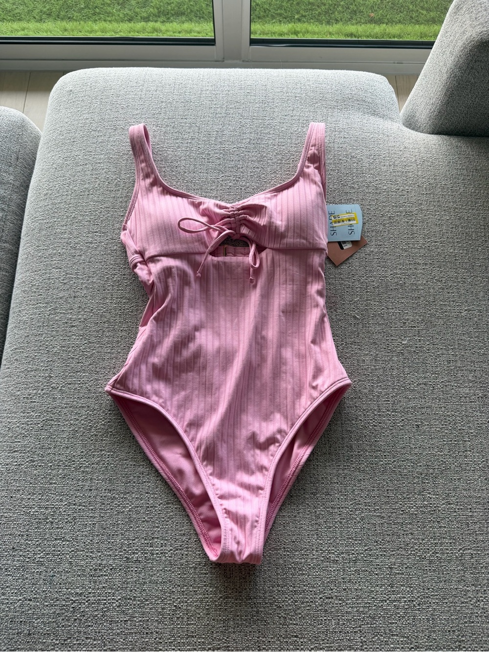 Shade & Shore Blush Pink Ribbed One-Piece Swimsuit with Front Tie